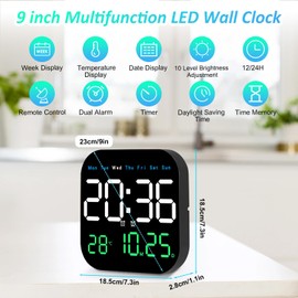 Necomi Digital Wall Clock, 9'' LED Digital Clock Wall with Remote Control for Living Room Decoration, Week/Date/Temperature in 3 Colors, Auto Brightness, Standing & Hanging