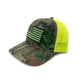 Buffalo Outdoors® Workwear Hi-Vis Flag Patch Premium Camo Trucker Hat (US, Alpha, One Size, Yellow)