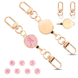 Gineman Key Reel, Stretchable Reel, Alphabet, Keychain, Reel Included, Strap, Small, Lightweight, Pass, Key Holder, Leather, Includes Carabiner, Gold, Leather, pink-A