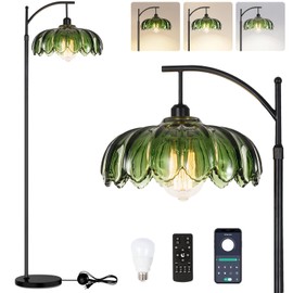 QIYIZM Glass Floor Lamp for Living Room,Bedroom,Gold Dimmable Standing Lamp with Remote,Mid Century Modern Brass Tall Lamp Boho Vintage Retro Floor Lamps Arc Green Flower Floor Light Lamp Bohemian