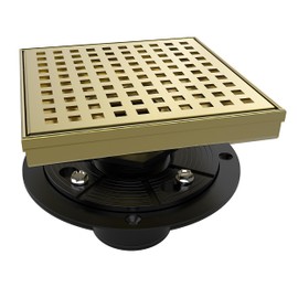 WEBANG 6 Inch Square Shower Drain Gold Floor Drain with Flange Square Holes Pattern Cover Grate Removable SUS304 Stainless Steel Watermark&CUPC Certified Brushed Gold