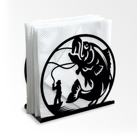 DOODLREAM Fishing Decorative Black Metal Napkin Holder for Table, 5.3" x 4.9" x 1.9" Fisherman Fish Standing Napkin Holder for Home Kitchen Restaurant Picnic Party Coffee Bar Dining Room