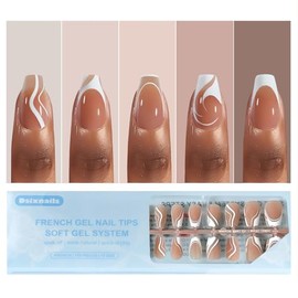 Dsixnails Uñas francesas cortas con punta de ataúd, 150 uñas postizas suaves en 15 tamaños, uñas de gel francesas acrílicas preduradas, extensiones de