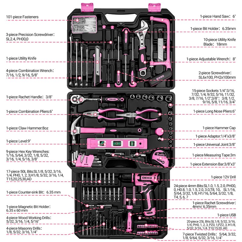 Pink Tool Kit Box Drill Set：DEKOPRO Home Mechanic Toolbox with