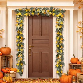 6 Ft Fall Garland for Mantle Fall Decorations for Home Porch Fall Maple Leaves Garlands with Lights/Timer Pumpkin Garland for Thanksgiving Outdoor Indoor Table Fireplace Wedding Hanging Autumn Decor