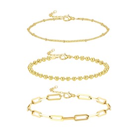 Krfy Gold Anklet for Women, 14k Gold-Plated Anklet Stainless Steel Tennis Beads, Herringbone Cuban Paper Clip, Link Chain, Anklet Set, Adjustable, Boho Beach Foot Jewellery, Pack of 3, Stainless Steel