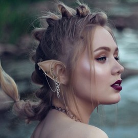 FRESHME Gothic Elf Ears with Piercings - Silver Sterling Rose Skull Punk Earrings with 2 Pairs of Elf Fairy Ears Pixie Elven Ear Cuffs Ear Jewelry Clips Women Men Renaissance Christmas Cosplay Costume