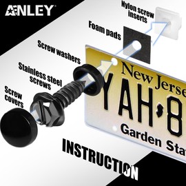 Anley License Plate Screws Kit with Rustproof Finish & Noise-Free Design - Stainless Steel Car Tag Frame Mounting Bolts with Foam Pads & Screw Covers - 1/4 Inch Universal Fit (Pack of 4, Black)