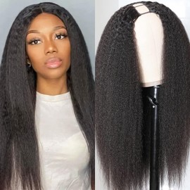 Glowig Kinky Straight U Part Wig Human Hair For Women Brazilian Remy Human Hair Glueless Wig Human Hair Leave Out Upart Human Hair Wig Beginner Friendly 180% Density Natural Color 28 Inch