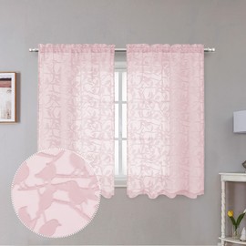 OVZME Anji Textured Blush Sheer Curtain 45 inch Length 2 Panels Set, Elegant Farmhouse Short Sheer Dining Curtains for Living Room, Dual Rod Pocket, W38 x L45