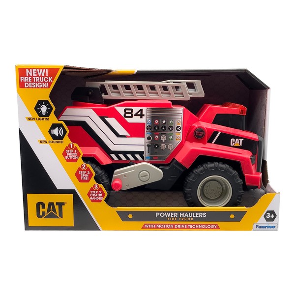 CatToysOfficial, CAT Construction 11.5" Power Haulers Fire Truck, Realistic Lights & Sounds, Motion Drive Technology, Working Features, and Interactive Play for Ages 3+