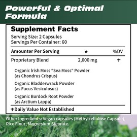 120 Pills Organic Sea Moss Capsules,Irish Sea Moss, Bladderwrack Immune Health