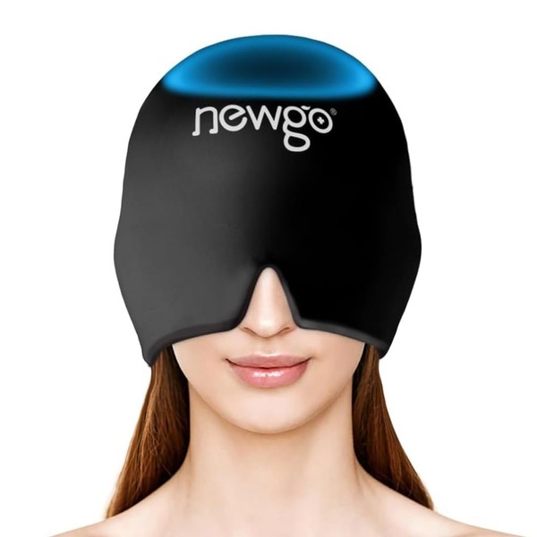 NEWGO Migraine Cooling Mask, Headache Cooling Hat, Migraine Cool Pack, Ice Mask, Full Coverage, Headache Cap, Cooling Pads, Cold Hat, Cold Compress for Sinus, Swollen Eyes, Stress Relief (Black)