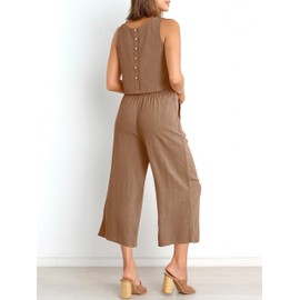 ANRABESS Women's Summer 2 Piece Outfits Sleeveless Crop Top Capri Wide Leg Pants Jumpsuit Casual Linen Lounge Matching Sets Beach Travel 2024 Trendy Clothes Light Brown X-Large