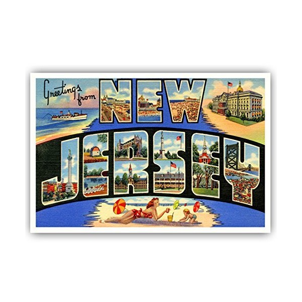 GREETINGS FROM NEW JERSEY vintage reprint postcard set of 20 identical postcards. Large letter US state name post card pack (ca. 1930's-1940's). Made in USA.