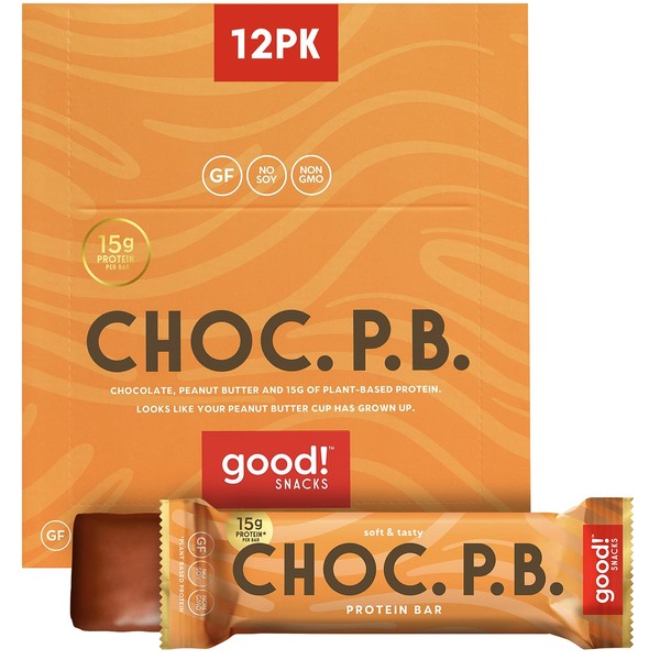 good! Snacks Vegan Protein Bars, Chocolate Peanut Butter Bar, Gluten Free, Plant Based, Low Sugar, High Protein Meal Replacement Bar, Guilt-Free & Nutritious Healthy Snacks for Energy, 15g Protein, Kosher, Soy Free, Non Dairy, Non GMO, Vegetarian (12 Bars)