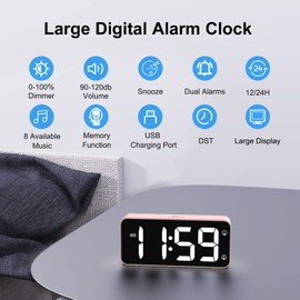 HOMVILLA Digital Alarm Clock with Adapter, 2 Alarms, USB Charging Port, 0-100% Dimmer, 90-120dB Volume, Snooze Function - Digital Clock for Desk, Bedroom, Bedside Table