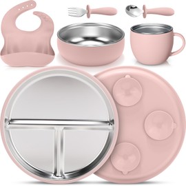 Nuogo 6 Pcs 304 Stainless Steel Kids Plates and Bowls Set 9 Inch Toddle Suction Plates Stainless Steel Bowl and Cup with Removable Silicone Forks Spoons Pocket Bib for Baby Toddle(Dark Pink)