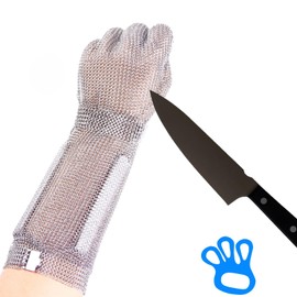 19cm Long Chainmail Glove for Butcher,Cut Resistant Gloves Food Grade,Stainless Steel Gloves Mesh Metal Glove,Finger/Arm Protective Safety Work Cut Proof Glove for Chef,Meat Cutting Wood processing(L)