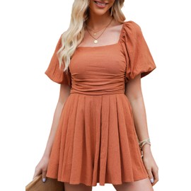 AlvaQ Women's Summer Jumpsuits 2024 Puff Sleeve Square Neck Casual Spring Flowy Romper Shorts Jumpsuit with Pocket Teen Beach Vacation Outfits,Brown,Small