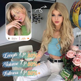 Flyroseing Halos Hair Extension with Transparent Wire, 18 Inch Body Wavy Invisible Wire Blonde Hair Extensions, Blonde Mixed Highlights Hairpiece Synthetic Fiber