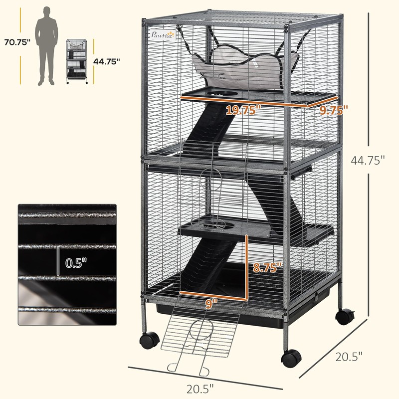 PawHut Metal Small Animal Cage, 4-Tiers Rolling Big Ferret Cage