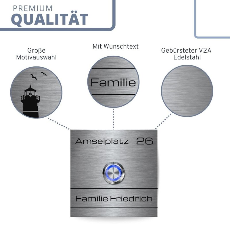 Robust doorbell made of stainless steel with desired text and