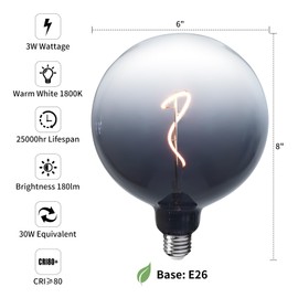 ONEWISH G150 Globe LED Bulb - Gradient Black Clear Glass Decorative Design, E26 LED Filament Bulb, Warm Lighting for Livingroom Kitchen Island, Café, Ceiling Hanging Light Fixture φ150mm(6")