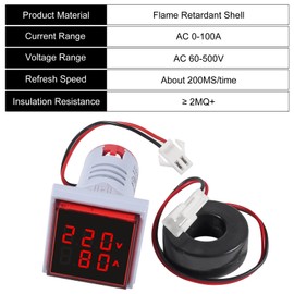 Aitiao 2pcs LED Display Voltmeter Ammeter,22mm Square Dual Display Digital Voltage Gauge Current Tester AC 0-100A 60-500V Meter Indicator(Red)