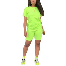 PINSV Women's 2 Piece Outfits Summer Solid Bodycon Short Pants Workout Sets Uni Fluo Green L