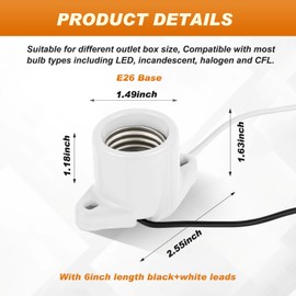 Saysurey 6 Pcs E26 Light Socket Porcelain Lamp Holder Socket Medium Keyless Threaded Base with Two Hole Flange Mounting and 6" Wire Indoor Garage Closet Lighting