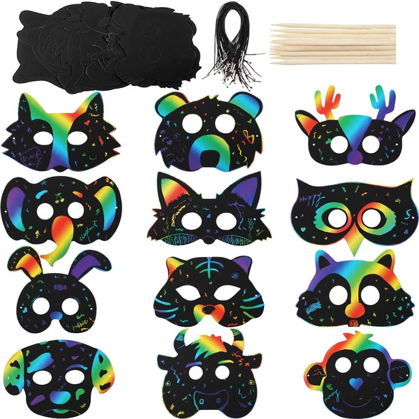 36 Pieces Scratch Paper Animal Masks Scratch Rainbow Masks with Elastic Cords and 12 Pieces Wood Stylus for Costume Dress up Parties Decorations and DIY