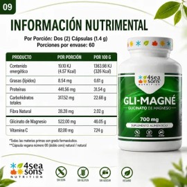Seasons Nutrition Gli Magné Glicinato Magnesio 700 Vitamina Suplemento Alimenticio Fórmula Avanzada Vegano Gluten Azúcar Soya 120 Cápsulas