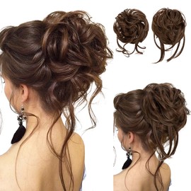 SARLA 2PCS Messy Bun Hair Pieces for Women Wavy Curly Synthetic Hairpieces for Updos with Tendrils Fake Scrunchies Ponytail Extension Chocolate Multi