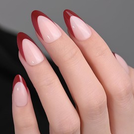 evpct French Tips Press on Nails Short Almond for Women Gift, Light Neutral + Dark Red Tip, Soft Gel Press Glue On Nail with Nail Glue, Fit Full Cover, Reusable Acrylic Fake Nails Manicure Kit