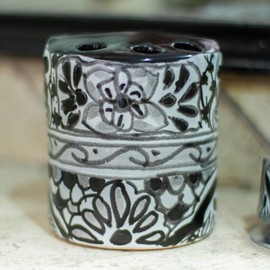 Novica Handmade Monochrome Flowers Ceramic Toothbrush Holder