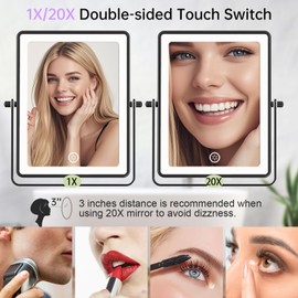FASCINATE Rechargeable Wall Mounted Makeup Mirror with Lights, 8.7 Inch Double Sided Touch Switch 1X 20X Magnifying Bathroom Mirror, 3 Color Lights Touch Dimmable Extended Arm 360°Rotation (Black)
