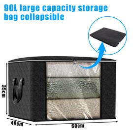 ASelected 90L Clothes Storage Bag, Large Clothes Storage Bag With Zips,Clear Window For Clothing Bedding Sweaters T-Shirts Blankets 3 Pack,Black(60X40X35Cm)