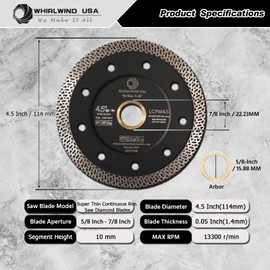 Whirlwind USA 4.5 Inch Diamond Tile Blade 5PC Super Thin Tile Saw Diamond Blades for Cutting Porcelain Tiles Granite Marble (4.5 Inch-5PC)