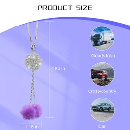 Sandfren Bling Car Hanging Ornament for Rearview Mirror, Crystal Rhinestones Fuzzy Plush Ball Vehicle Mirror Hanging Charm, Diamond Auto Interior Rear View Decor Pendant, Universal Fit (Purple)