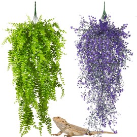 PINVNBY 2 Pack Reptile Plants Terrarium Hanging Fake Vines with Suction Cup Artificial Leaves for Bearded Dragons Lizards Geckos Snake Hermit Crab (Purple and Green)