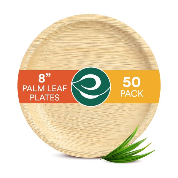 ECO SOUL 100% Compostable 8 Inch Round Palm Leaf Plates [50-Pack] I Premium Disposable Plates Set I Heavy Duty Eco-Friendly Bamboo Plates Disposable I Round Disposable Plates