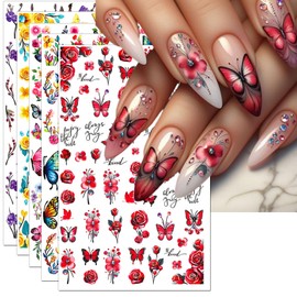 IDDFEVE Colorful Butterflies & Flowers Nail Art Stickers - Bright Red Purple Yellow Butterflies Wing & Spring Floral Self-Adhesive Nail Decal for DIY Summer Manicure (5 Sheets)