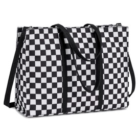 Laptop Tote Bag for Women Work 15.6 inch Canvas Shoulder Bags Computer Messenger Purse Teacher Handbag Office Briefcase, Black-white Checkered, Large