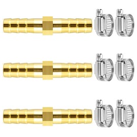 Da by 3 pcs 1/4"(6mm) Brass Barb Splicer Mender Hose Barb Fitting with 6 pcs Stainless Steel Pipe Clamps for Water/Fuel/Air