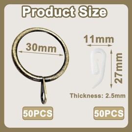 100 PCS Brass Curtain Rings and Hooks Set, 30mm Internal Diameter Curtain Pole Rings Durable Brass Curtains Ring, White Curtains Hooks Suitable for Bedrooms Living Rooms and Offices