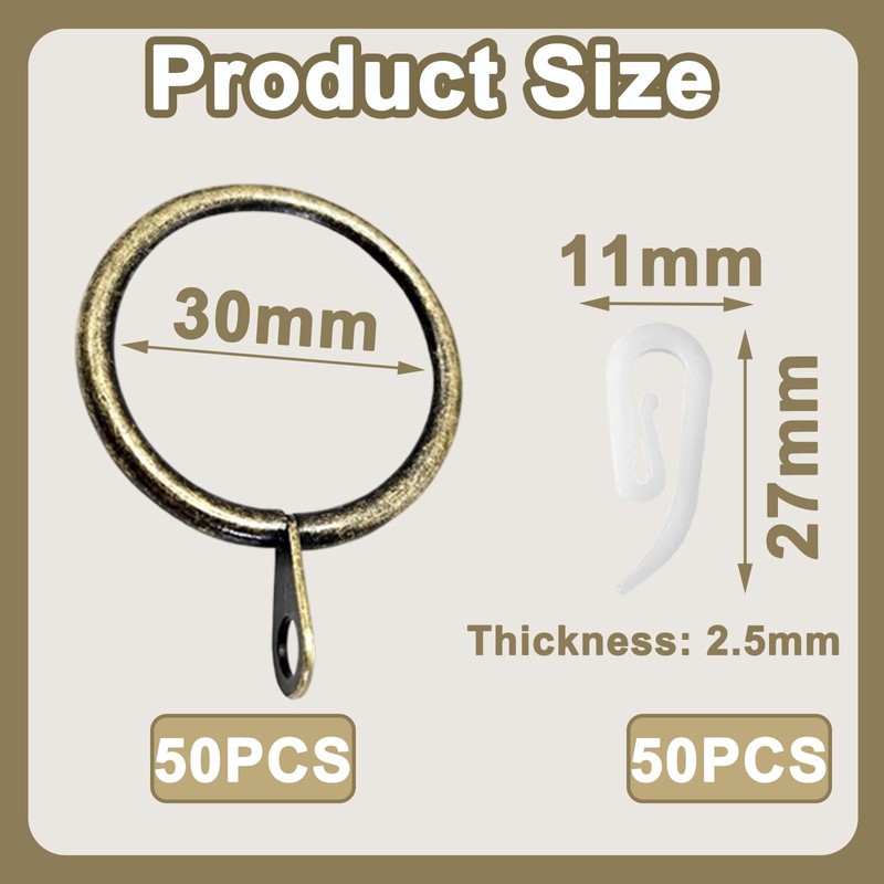 100 PCS Brass Curtain Rings and Hooks Set, 30mm Internal