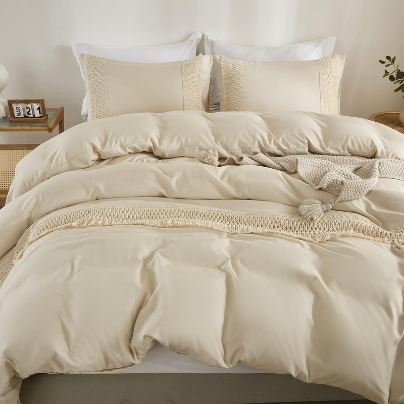 WONGS BEDDING Beige Duvet Cover Set King Bohemian Tassle Bedding