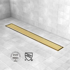 Elefloom Linear Shower Drain, Gold Shower Drain 24 inch with 2-in-1 Tile Insert Cover, PVD AISI 304 Stainless Steel Gold Shower Floor Drain, Shower Drain with Hair Catcher and Adjustable Feet