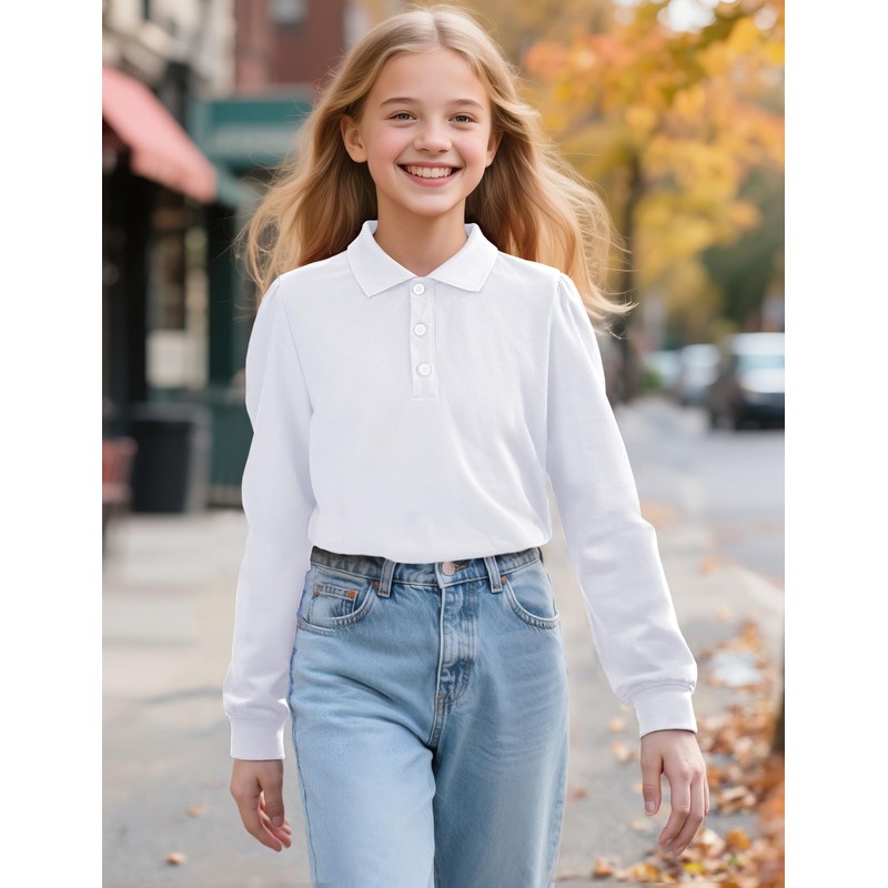 KEREDA Long Sleeve Uniform Shirts for Girls Cotton School Polo